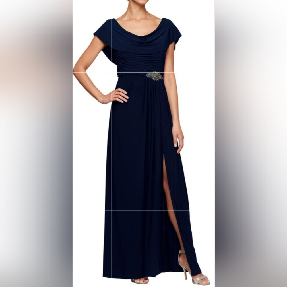 Alex Evenings Navy Blue Ruched Evening Gown Size 14 Cowl Neck Beaded Waist